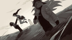  4boys absurdres adjusting_hair alternate_form antinomy armor black_hair black_shirt blonde_hair breastplate bruno_(yu-gi-oh!) clear_sky closed_eyes coat colored_bangs dappled_sunlight day evening facial_mark facing_another facing_to_the_side field gloves grass grasslands grey_eyes hair_slicked_back hand_on_own_cheek hand_on_own_face happy highres kate0099 lab_coat leaning_back lifting_person long_hair looking_at_another looking_to_the_side lucciano male_focus monochrome multiple_boys muted_color open_clothes open_coat outdoors outstretched_arms pants paradox_(yu-gi-oh!) racing_suit shirt sky sleeves_rolled_up sunlight sweater tinted_eyewear turtleneck turtleneck_shirt upper_body white_coat white_gloves white_pants wind yu-gi-oh! yu-gi-oh!_3d_bonds_beyond_time yu-gi-oh!_5d&#039;s z-one 