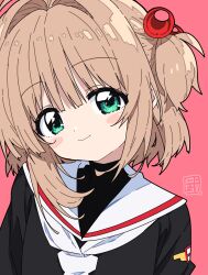  1girl aqua_eyes black_jacket black_shirt blush_stickers brown_hair cardcaptor_sakura closed_mouth hair_bobbles hair_intakes hair_ornament head_tilt highres jacket kinomoto_sakura long_sleeves looking_at_viewer medium_hair neckerchief pink_background sailor_collar school_uniform shirt simple_background smile solo take_shinobu tomoeda_elementary_school_uniform turtleneck turtleneck_shirt two_side_up upper_body white_neckerchief white_sailor_collar 