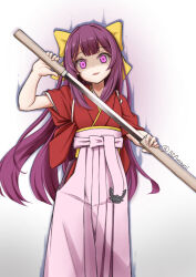  1girl aura bow commentary_request feet_out_of_frame hair_bow hakama hakama_skirt japanese_clothes kamikaze_(kancolle) kantai_collection kimono long_hair meiji_schoolgirl_uniform pink_hakama purple_hair red_kimono sheath simple_background skirt solo sword tasuki tetsuryuu unsheathing violet_eyes weapon white_background yandere yellow_bow 