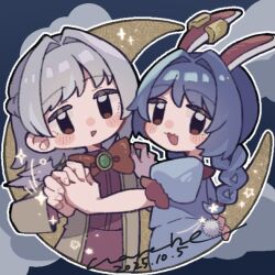 2girls :d angel_wings animal_ears blue_dress blue_hair bow bowtie braid braided_twintails brooch chibi commentary_request dated dress earclip friends grey_hair hair_intakes happy interlocked_fingers jacket jewelry kishin_sagume looking_at_viewer looking_back multiple_girls no_nose open_mouth puffy_short_sleeves puffy_sleeves purple_dress rabbit_ears red_bow red_bowtie seiran_(touhou) short_hair short_sleeves signature smile touhou triangle_mouth warabe_(be-san) wings 