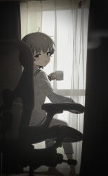  1girl absurdres brown_eyes brown_hair chair commentary_request cup curtains dark_room from_behind full_body hand_up hatoba_tsugu highres holding holding_cup indoors long_sleeves looking_at_viewer looking_back morning mug nishizuki_shino office_chair on_chair open_mouth pajamas pants shirt short_hair sitting solo steam swivel_chair tsugu_(vtuber) virtual_youtuber watermark white_pants white_shirt window 