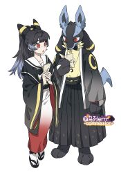  1girl 1other :o animal_ears animal_hands black_bow black_bowtie black_fur black_hair black_haori black_pants black_sandals black_sash blue_fur blue_hair body_fur bow bowtie clothed_pokemon commission cosplay earrings freckles full_body furry gold_trim haori high_ponytail highres holding holding_paper japanese_clothes jewelry kimono looking_at_another looking_at_object lucario multicolored_hair pants pantyhose paper pokemon pokemon_(creature) ponytail red_eyes sailor_collar sandals sash simple_background snout standing two-tone_hair umbreon umbreon_(cosplay) white_background white_kimono white_pantyhose white_sailor_collar wulie_errr yellow_fur 