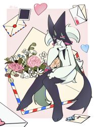  animal_hands black_fur body_fur border cape claws flower full_body furry green_fur green_hair half-closed_eyes heart highres holding holding_letter letter looking_at_viewer mask meowscarada other_focus pink_background pink_eyes pink_flower pokemon pokemon_(creature) short_hair short_tail simple_background sitting solo tail two-tone_fur uuuuuuumbreon white_border white_flower 