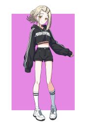  1girl black_hoodie black_shorts blonde_hair blush border closed_eyes collarbone colored_eyelashes commentary_request cropped_hoodie dot_nose drawstring earrings fishnet_top fishnets flipped_hair full_body gakuen_idolmaster gradient_hair grey_hair hair_ornament hairclip highres hood hood_down hoodie idolmaster jewelry kneehighs kousuke0912 long_sleeves looking_at_viewer medium_hair midriff multicolored_hair orange_eyes outside_border parallel_hairclips pigeon-toed purple_background shinosawa_hiro shoes short_shorts shorts simple_background sleeves_past_wrists smile sneakers socks solo striped_clothes striped_hoodie stud_earrings updo white_border white_shoes white_socks 