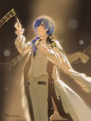  1boy absurdres alternate_hair_length alternate_hairstyle artist_name beamed_eighth_notes black_nails black_necktie blue_eyes blue_hair blurry bokeh brown_background buttons center_frills chinese_commentary closed_mouth coat commentary_request conductor conductor_baton corsage depth_of_field double-parted_bangs dress_pants eighth_note feet_out_of_frame fingernails formal_clothes frilled_sleeves frills hair_behind_ear hair_between_eyes hair_over_shoulder hands_up highres holding holding_baton kaito_(vocaloid) light_particles long_hair long_sleeves looking_ahead low_side_ponytail male_focus miku_symphony_(vocaloid) musical_note musical_staff nail_polish necktie open_clothes open_coat pants profile puffy_long_sleeves puffy_sleeves quarter_note sleeve_cuffs solo sparkle spotlight standing suit tianxiang_yi_de_zhenxiang two-sided_coat two-sided_fabric vest vocaloid waistcoat white_coat white_pants white_suit white_vest 