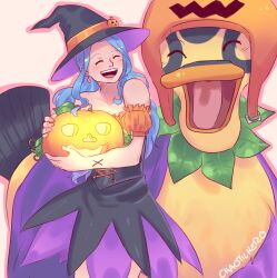  1girl ^_^ artist_name bird blue_hair blush caydeus closed_eyes commentary cross-laced_clothes cross_tattoo dress duck earrings english_commentary hat holding holding_pumpkin hood jewelry karoo_(one_piece) long_hair nefertari_vivi one_piece pumpkin sidelocks simple_background tattoo witch_hat 