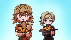  2girls apple bitten_apple black_coat black_hat boater_hat coat deformed earrings eating food food_bite freckles fruit grey_eyes grey_hair haihaiera hair_bun hat hat_basket holding holding_food holding_fruit holding_unworn_clothes holding_unworn_hat hugging_object jewelry looking_at_viewer looking_down multiple_girls official_alternate_costume orange_eyes red_tunic regulus_(reverse:1999) reverse:1999 short_hair short_sleeves single_earring single_side_bun star_(symbol) star_earrings tunic unworn_hat unworn_headwear upper_body vertin_(reverse:1999) 