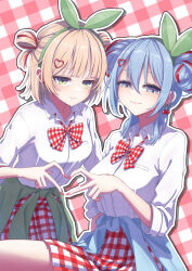  2girls absurdres black_jacket blonde_hair blue_eyes blue_hair bow bow_hairband bowtie breast_pocket cherry_earrings cherry_pop_(vocaloid) closed_mouth clothes_around_waist collared_shirt commentary_request double_bun dress_shirt earrings eyelashes food-themed_earrings four-finger_heart_hands gingham gingham_background gingham_bowtie gingham_skirt green_eyes green_hairband gyaru hair_bun hair_ornament hairband hairclip hatsune_miku heart heart_hair_ornament heart_hands heart_hands_duo highres indie_virtual_youtuber jacket jacket_around_waist jewelry jitome lips long_sleeves looking_at_viewer loose_bowtie multicolored_hair multiple_girls nail_polish nanaba_(7leaves) paid_reward_available pocket red_bow red_bowtie red_nails red_skirt red_streaks school_uniform shigure_ui_(vtuber) shirt skirt sleeves_rolled_up smug streaked_hair textless_version virtual_youtuber white_shirt 