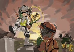  1girl 1other ambiguous_gender artist_name big_shot_(splatoon) boots closed_eyes closed_mouth clouds commentary_request dray_(meerkat_dray) earpiece egg eyebrow_cut gloves glowing golden_egg_(splatoon) green_gloves hand_on_own_cheek hand_on_own_face hands_up headlamp helmet high-visibility_clothing high-visibility_vest highres holding holding_egg inkling inkling_girl inkling_player_character jumpsuit korean_commentary leg_up lifebuoy long_sleeves ocean orange_hair orange_helmet orange_jumpsuit orange_sky outdoors pointy_ears raised_eyebrows salmon_run_(splatoon) sidelocks signature sky splatoon_(series) splatoon_3 sun sunset swim_ring tentacle_hair tentacles white_boots white_helmet white_jumpsuit 