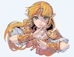  1girl armor blonde_hair breasts circlet closed_mouth dress earrings gold_circlet gold_vambraces highres jewelry long_hair looking_at_viewer necklace pink_dress pointy_ears princess_zelda short_sleeves shoulder_armor simple_background smile solo the_legend_of_zelda the_legend_of_zelda:_a_link_between_worlds tiara tsuyuga upper_body vambraces 