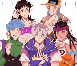  4boys arm_tattoo baseball_cap black_bridal_gauntlets black_choker black_hair blue_bridal_gauntlets blue_eyes blue_hair blue_hat blue_overalls bodysuit bow braid bridal_gauntlets brown_eyes brown_hair charming_man choker closed_mouth commentary_request dark-skinned_female dark_skin dragona_joestar dreadlocks earrings facepaint facial_mark finger_heart flower_wreath green_bodysuit green_eyes grey_hair grey_shirt hair_between_eyes hair_ornament hands_on_own_chest hat head_wreath heart heart_hands highres hood hood_down hooded_overalls jewelry jodio_joestar jojo_no_kimyou_na_bouken jumpsuit long_bangs long_hair looking_at_viewer male_focus medium_hair multicolored_hair multiple_boys necklace open_mouth orange_hat orange_jumpsuit overalls paco_laburantes purple_bow r_rist shirt short_hair side_braid sleeveless_jumpsuit smile star_(symbol) star_hair_ornament tattoo the_jojolands two-tone_hair usagi_aloha&#039;oe viewfinder violet_eyes white_background white_overalls wristband 