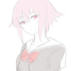  1girl bow chaos;child closed_mouth collarbone expressionless from_side hair_between_eyes hekiho_academy_school_uniform long_sleeves looking_at_viewer marsirome onoe_serika pink_eyes pink_hair sailor_collar school_uniform science_adventure short_hair simple_background solo upper_body white_background 