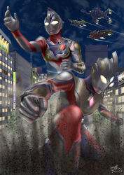  2boys absurdres aeon_(retailer) aircraft airplane alien arm_guards armor artist_name asymmetrical_arms billboard blue_skin breastplate building city city_lights cityscape clenched_hands clouds color_timer colored_skin commentary compound_eyes crystal dated debris dirt dorsal_fin dust_cloud fighter_jet fighting_stance foot_out_of_frame forehead_jewel foreshortening giant giant_male gradient_eyes guts_falcon guts_hawk highres kneeling looking_ahead looking_down male_focus military_vehicle multicolored_eyes multicolored_skin multiple_boys night nursedessei outdoors outstretched_arm overcast pectorals red_skin shining_gold_montblanc signature silver_skin sky skyscraper standing tokusatsu toned toned_male ultra_series ultraman_decker ultraman_decker_(flash_type) ultraman_decker_(series) ultraman_trigger ultraman_trigger_(multi_type) ultraman_trigger_(series) wrinkled_skin yellow_eyes 