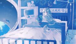  1girl bed blue_eyes book clock crescent curly_hair highres hospital_bed intravenous_drip long_hair monitor original pillow sky solo star_(sky) star_(symbol) starry_sky stuffed_animal stuffed_toy teddy_bear very_long_hair yanagima_yu03 
