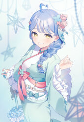  1girl absurdres ahoge blue_hair blue_kimono blue_umbrella braid commentary flower frilled_sleeves frills hair_flower hair_ornament heart heart_ahoge highres hoshimi_madoka indie_virtual_youtuber japanese_clothes kimono long_hair looking_at_viewer planted planted_umbrella rinndouk sash second-party_source smile solo umbrella virtual_youtuber yellow_eyes 