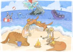  adel_(elden_ring) animal beach braid bucket bug caligo_miasma_of_night campfire centaur dog dragon elden_ring elden_ring_nightreign extra_eyes fake_horns faurtis_(elden_ring) fish fishing_rod fulghor_(elden_ring) full_body gauntlets gladius_(elden_ring) gnoster_(elden_ring) helmet heolstor_the_nightlord highres holding holding_fishing_rod horned_helmet horns libra_(elden_ring) maris_(elden_ring) monster moth ocean orange_shorts plume shorts sugulu swim_ring tank_top taur umbrella western_dragon wings yellow_tank_top 