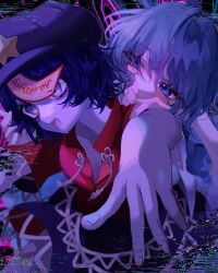  2girls absurdres black_background blue_dress blue_eyes blue_hair blush closed_mouth colored_skin commentary_request dress glitch hat hat_ornament highres jiangshi kaku_seiga miyako_yoshika multiple_girls newsboy_cap ofuda open_mouth outstretched_arms purple_hat purple_skin purple_skirt red_shirt shirt short_sleeves skirt smile star_(symbol) star_hat_ornament touhou upper_body yoshino_(q_sci) zombie_pose 