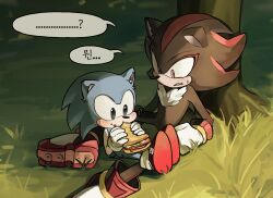  ...? 2boys animal_ears animal_nose blue_fur child classic_sonic eating food furry furry_male gloves grass hedgehog_boy highres korean_text male_focus multiple_boys outdoors sandwich shadow_the_hedgehog sitting sitting_on_lap sitting_on_person sonic_(series) sonic_the_hedgehog sonic_the_hedgehog_(classic) tail translation_request tree unneul white_gloves 