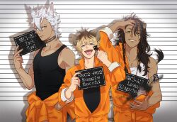  animal_ears black_tank_top blonde_hair brown_hair commentary_request con_potata disintegration fangs green_eyes grey_eyes highres holding holding_sign hyena_boy hyena_ears jack_howl jumpsuit leona_kingscholar lion_boy lion_ears lion_tail looking_at_viewer middle_finger mugshot orange_jumpsuit prison_clothes ruggie_bucchi scar scar_across_eye scar_on_face short_hair sign tail tank_top twisted_wonderland white_background white_hair white_tank_top wolf_ears wolf_tail yellow_eyes 