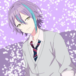  1boy cardigan closed_mouth collared_shirt commentary grey_cardigan hair_between_eyes highres kamishiro_rui kamiyama_high_school_uniform_(project_sekai) long_sleeves looking_at_viewer multicolored_hair multicolored_necktie necktie project_sekai purple_background purple_hair school_uniform shirt short_hair smile streaked_hair two-tone_hair user_jghy5322 yellow_eyes 
