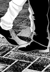  1boy 1girl anakiss commentary_request feet foot_focus greyscale highres irene_(jojo) jeonjin_(mynamebazin) jojo_no_kimyou_na_bouken korean_commentary korean_text loose_socks lower_body monochrome socks stone_floor stone_ocean translation_request 