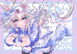  1girl ahoge alternate_costume animal_ears apron blue_eyes blue_hair blue_jacket blue_socks blue_track_suit blush bow closed_mouth ear_ornament frilled_apron frills grey_hair grey_tail hair_between_eyes hair_ornament heart heart_hands highres horse_ears horse_girl horse_tail jacket jersey_maid leg_warmers long_hair long_sleeves looking_at_viewer loose_socks maid maid_apron multicolored_hair oguri_cap_(umamusume) shoes smile socks solo sonna877san streaked_hair tail track_jacket track_suit umamusume umamusume:_cinderella_gray unconventional_maid waist_apron white_apron white_headdress zipper_pull_tab 