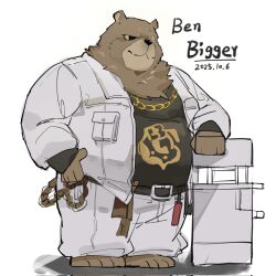  1boy animal_ears barefoot bear_boy bear_ears belly ben_bigger black_tank_top brown_fur chain chain_necklace character_name dated fat furry furry_male gold_necklace hand_on_own_hip hashtag-only_commentary highres jacket jewelry looking_to_the_side mmm1869015 necklace pants plump scar scar_across_eye scar_on_face tank_top white_background white_jacket white_pants zenless_zone_zero 