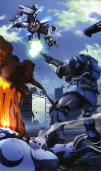  absurdres aiming arm_cannon artist_request battle beam_cannon beam_rifle building burning byalant byalant_custom cable clouds cloudy_sky crane_(machine) damaged debris dirty earth_federation energy_beam energy_gun firing flying gundam gundam_perfect_file gundam_unicorn highres machinery mecha mecha_focus mobile_suit muzzle_flash neo_zeon official_art robot roundel scene_reference science_fiction sky smoke thrusters weapon wreckage zee_zulu 