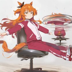  1girl animal_ears chair closed_mouth commentary_request ear_ribbon horse_ears horse_girl horse_tail jacket long_hair long_sleeves mayano_top_gun_(umamusume) mou_sou_s multiple_views office_chair on_chair orange_eyes orange_hair orange_tail pants pout red_track_suit spinning swivel_chair tail track_jacket track_pants track_suit two_side_up umamusume 