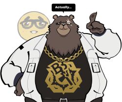 1boy absurdres animal_ears bear_boy bear_ears belly ben_bigger black_tank_top brown_fur chain chain_necklace claws english_commentary english_text fat furry furry_male gold_necklace hand_on_own_hip highres jacket jewelry looking_at_viewer male_focus necklace nerd_emoji open_mouth plump scar scar_across_eye scar_on_face smile speech_bubble starbuchi tank_top white_background white_jacket zenless_zone_zero 
