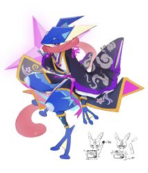  1other full_body furry gold_trim greninja greninja_(fairy-tale) highres japanese_clothes kimono long_tongue looking_at_viewer pokemon pokemon_(creature) pokemon_unite purple_kimono purple_ribbon red_eyes ribbon shirt simple_background solo solo_focus standing tongue tongue_scarf umbreon uuuuuuumbreon webbed_feet webbed_hands white_background white_shirt 