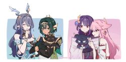  4girls anger_vein animal_ears antler_ornament antlers armlet bare_shoulders black_gloves blue_dress cat closed_eyes commentary detached_sleeves dress ear_covers earrings elbow_gloves flower fox_ears genshin_impact gloves green_eyes green_hair hair_ornament hair_over_one_eye hashtag-only_commentary headband highres horns japanese_clothes jewelry kimono lauma_(genshin_impact) long_hair mole multiple_girls nefer_(genshin_impact) nonons nontraditional_miko pink_hair pointy_ears purple_hair purple_kimono raiden_shogun scaramouche_(cat)_(genshin_impact) scaramouche_(genshin_impact) short_hair sleeveless sleeveless_dress smile symbol-only_commentary upper_body violet_eyes white_flower yae_miko 