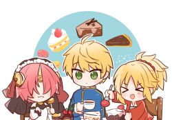  >_< 1boy 2girls arthur_pendragon_(fate) blonde_hair blue_jacket cake commentary cup eating fate/grand_order fate_(series) food fork frankenstein's_monster_(fate) fruit green_eyes hair_over_eyes holding holding_cup holding_fork horns jacket macaron mordred_(fate) mordred_(memories_at_trifas)_(fate) multiple_girls open_mouth pink_hair ponytail rabi_(swordofthestone) red_jacket single_horn smile strawberry teacup 