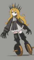  1girl black_crown black_dress black_rock_shooter blonde_hair chariot_(black_rock_shooter) crown dress grey_background highres long_hair mechanical_legs player193 simple_background skeletal_hand wheel wheeled_leg(s) 