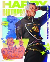  2boys anchor_ornament arm_behind_head belt black_hair black_jacket black_pants cat character_name commentary dated diamond_wa_kudakenai dollar_sign doodle_inset english_text facial_mark gakuran green_belt grey_hair grin happy_birthday hat higashikata_josuke high_collar highres jacket jojo_no_kimyou_na_bouken long_sleeves male_focus multicolored_hair multiple_boys nijimura_okuyasu pants party_hat peace_symbol plant pompadour sayurkailen school_uniform smile speech_bubble stand_(jojo) star_(symbol) stray_cat_(jojo) two-tone_hair v 