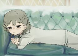  1girl absurdres alternate_costume blush brown_eyes brown_hair closed_mouth commentary_request couch crossed_arms expressionless feet_out_of_frame from_side hair_ornament hairclip half-closed_eyes hatoba_tsugu highres long_sleeves looking_at_viewer looking_to_the_side lying medium_hair mimizu_ningen mole mole_under_eye on_couch on_stomach pajamas pants relaxing shirt solo tsugu_(vtuber) virtual_youtuber white_pants white_shirt 