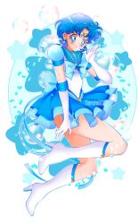  absurdres back_bow bishoujo_senshi_sailor_moon blue_bow blue_bowtie blue_eyes blue_gemstone blue_hair blue_sailor_collar blue_sleeves boots bow bowtie brooch choker circlet earrings elbow_gloves gem gloves high_heel_boots high_heels highres jewelry layered_skirt looking_at_viewer medium_hair mizuno_ami puffy_short_sleeves puffy_sleeves sailor_collar sailor_mercury short_sleeves skirt smile star_(symbol) star_brooch star_choker star_earrings super_sailor_mercury_(stars) teruhii white_boots white_gloves 