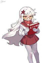  1girl book breasts china chinese_text communism flat_chest hearts_of_iron holding holding_book long_hair long_sleeves pckcool red_eyes sailor_collar school_uniform serafuku shirt skirt small_breasts solo star_(symbol) the_fire_rises the_long_march_(tfr) white_background white_hair 