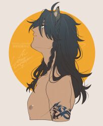  animal_ears arm_tattoo black_hair braid commentary_request con_potata dark-skinned_male dark_skin green_eyes leona_kingscholar lion_boy lion_ears long_hair looking_to_the_side nipples scar scar_across_eye scar_on_face tattoo twin_braids twisted_wonderland yellow_background 