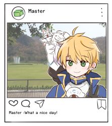  2boys :&lt; anger_vein arthur_pendragon_(fate) black_gloves blonde_hair commentary_request english_text fate/grand_order fate_(series) fou_(fate) gloves green_eyes instagram long_hair male_focus merlin_(fate) multiple_boys photo_background rabi_(swordofthestone) v white_hair 