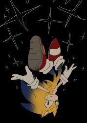  1boy absurdres animal_ears animal_nose black_background furry furry_male gloves hedgehog_boy highres looking_at_viewer male_focus red_eyes red_shoes shoes short_tail simple_background solo sonic_(series) sonic_the_hedgehog sparkle super_sonic tail transformation unneul white_gloves yellow_fur 