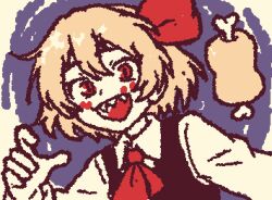  1girl animated animated_gif beachepisode blonde_hair blush boned_meat bow food hair_bow line_boil long_sleeves looking_at_viewer meat open_mouth red_bow red_eyes rumia sharp_teeth short_hair smile solo teeth tongue touhou wigglypaint_(medium) 