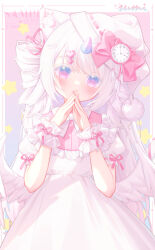  1girl absurdres akovo angel_wings animal_ear_fluff animal_ears blue_eyes blue_horns bow bowtie cat_ears cat_girl clock_hair_ornament colored_eyelashes covering_own_mouth dress gradient_eyes gradient_horns hair_ornament hair_ribbon hands_up hat hat_bow head_tilt heart heart_hair_ornament highres horns long_hair looking_at_viewer low_wings multicolored_eyes multicolored_horns nightcap original own_hands_together pink_bow pink_eyes pink_horns pink_ribbon pom_pom_hat_ornament puffy_short_sleeves puffy_sleeves ribbon ribbon-trimmed_sleeves ribbon_trim short_sleeves single_horn solo two-tone_eyes two-tone_horns very_long_hair white_bow white_bowtie white_dress white_hair white_hat white_wings white_wrist_cuffs wings wrist_cuffs 