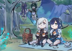  4girls black_dress blue_dress blue_hair closed_mouth cup detached_sleeves dress eating food genshin_impact grey_hair hair_ornament hair_over_one_eye hashtag-only_commentary highres holding holding_cup holding_food lauma_(genshin_impact) long_hair long_sleeves mooncake multiple_girls nefer_(genshin_impact) official_alternate_costume outdoors shenhe_(frostflower_dew)_(genshin_impact) shenhe_(genshin_impact) short_hair sitting teacup teapot xinzoruo yelan_(genshin_impact) yelan_(tranquil_banquet)_(genshin_impact) 