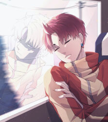  1boy ccs_akimi closed_eyes commentary crossed_arms dandadan earrings enjoji_jin evil_eye_(dandadan) indoors jacket jewelry long_sleeves male_focus motion_blur parted_lips red_hair reflection short_hair sitting sleeping symbol-only_commentary track_jacket train_interior upper_body window zipper 