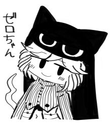  1other androgynous animal_ears aodo_mikan beanie cat_ears character_name closed_mouth clothing_cutout commentary_request cropped_torso ear_covers eye_of_senri greyscale hat head_tilt highres len&#039;en light_blush long_sleeves monochrome navel other_focus short_hair simple_background smile solo stomach_cutout sweater tail turtleneck turtleneck_sweater white_background zelo_(len&#039;en) 