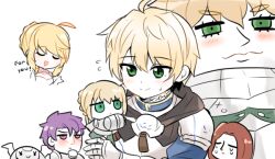  2girls 5boys ahoge armor arthur_pendragon_(fate) artoria_pendragon_(fate) bedivere_(fate) blonde_hair braid chibi closed_eyes commentary crying english_text fate/grand_order fate_(series) flying_sweatdrops gauntlets gawain_(fate) green_eyes helmet lancelot_(fate/grand_order) mordred_(fate) mordred_(fate/apocrypha) multiple_boys multiple_girls purple_hair rabi_(swordofthestone) red_hair riyo_(lyomsnpmp)_(style) saber_(fate) sweatdrop tears tristan_(fate) violet_eyes 
