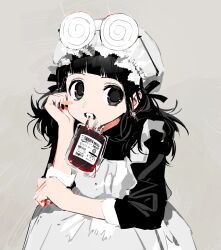  1girl absurdres apron black_eyes black_hair blood blood_bag blunt_bangs blush_stickers clenched_teeth coke-bottle_glasses earrings eyewear_on_head glasses glint hand_up hat highres jewelry long_hair looking_to_the_side maid mob_cap mouth_hold original paldu single_blush_sticker solo teeth 