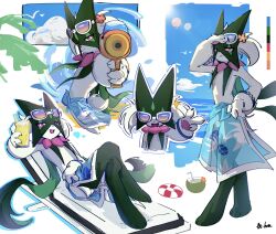  1other :d animal_hands beach_towel black_fur blue_sky body_fur bracelet cape eyewear_on_head flower full_body furry green_fur green_hair hair_flower hair_ornament half-closed_eyes highres jewelry looking_at_another looking_at_viewer lying mask meowscarada meowscarada_(beach) multiple_views on_back open_mouth orange_flower other_focus pawpads pearl_bracelet pink_eyes pokemon pokemon_(creature) pokemon_unite purple-tinted_eyewear short_hair short_tail simple_background sky smile standing tail tinted_eyewear towel towel_around_waist two-tone_fur upper_body uuuuuuumbreon water_gun white-framed_eyewear white_background 