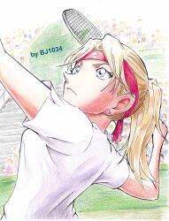  1girl bj1034_(tosashi) blonde_hair blue_eyes closed_mouth colored_pencil_(medium) derivative_work ear_piercing facing_up high_ponytail highres holding holding_tennis_racket meitantei_conan minerva_glass outdoors piercing playing_sports ponytail racket shirt short_sleeves solo tennis tennis_racket traditional_media upper_body white_shirt 